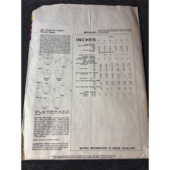 Stretch & Sew 958 Childrens Hidden Placket Rugby Sewing Pattern Chest Sizes 21-3 - Picture 3 of 5